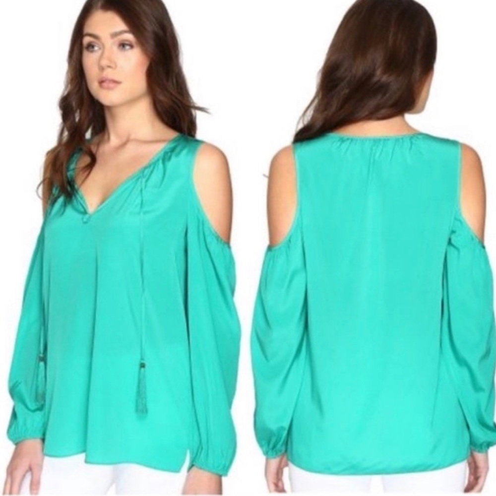 Lilly Pulitzer teal/green cold shoulder silk blouse, XL, EUC